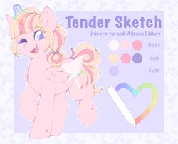 Size: 2327x1876 | Tagged: safe, artist:adostume, derpibooru import, oc, oc:tender sketch, unofficial characters only, alicorn, alicorn oc, color palette, cutie mark, glow, glowing horn, heart, horn, image, one eye closed, png, raised hoof, reference sheet, simple background, smiling, wide smile, wings, wink