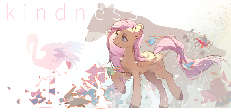 Size: 2839x1377 | Tagged: safe, artist:zekra, derpibooru import, fluttershy, bear, bird, butterfly, flamingo, insect, pegasus, pony, rabbit, animal, female, image, mare, png, simple background, smiling, text, transparent background, unshorn fetlocks