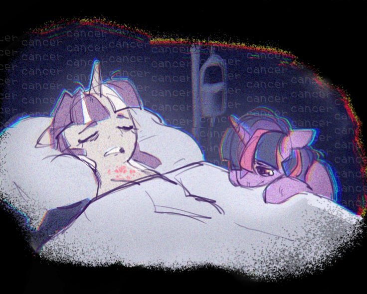 Size: 736x590 | Tagged: safe, artist:emptygoldstudio, derpibooru import, twilight sparkle, twilight velvet, pony, unicorn, alternate universe, bed, duo, duo female, female, floppy ears, horn, hospital bed, image, mare, mother and child, mother and daughter, png, sad, text, unicorn twilight