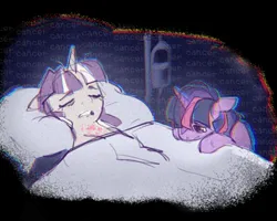 Size: 736x590 | Tagged: safe, artist:emptygoldstudio, derpibooru import, twilight sparkle, twilight velvet, pony, unicorn, alternate universe, bed, duo, duo female, female, floppy ears, horn, hospital bed, image, mare, mother and child, mother and daughter, png, sad, text, unicorn twilight