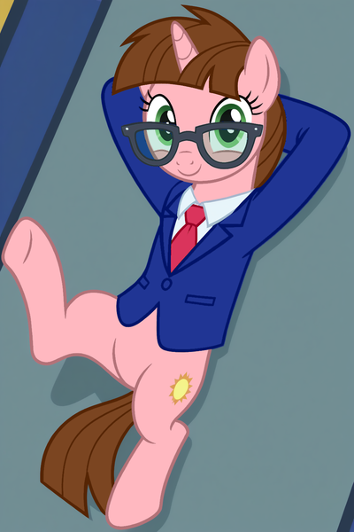 Size: 1024x1536 | Tagged: safe, artist:kyle_bilibili, derpibooru import, oc, oc:ye wenjie, unofficial characters only, pony, unicorn, bipedal, caption, clothes, colored, derpibooru exclusive, flat colors, glasses, hooves behind head, horn, image, image macro, liu cixin, lying down, png, show accurate, smiling, solo, suit, text, the three-body problem