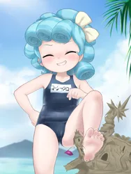 Size: 668x889 | Tagged: suggestive, alternate version, artist:pestil, banned from derpibooru, ponybooru import, cozy glow, human, clothes, destroyed, feet, female, golly loli, humanized, image, katakana, lolicon, png, sandcastle, solo, swimsuit, underage