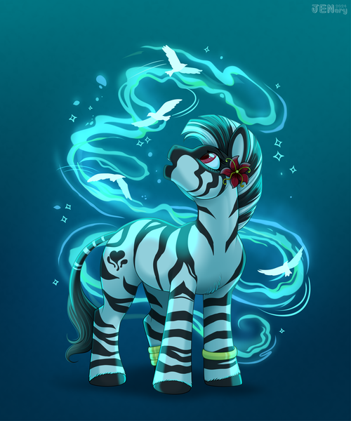 Size: 3168x3800 | Tagged: safe, artist:jenery, derpibooru import, oc, oc:zahara, unofficial characters only, pony, zebra, anklet, female, flower, flower in hair, image, jewelry, long tail, magic, mare, mohawk, open mouth, png, red eyes, simple background, soft shading, stripes, tail, zebra oc