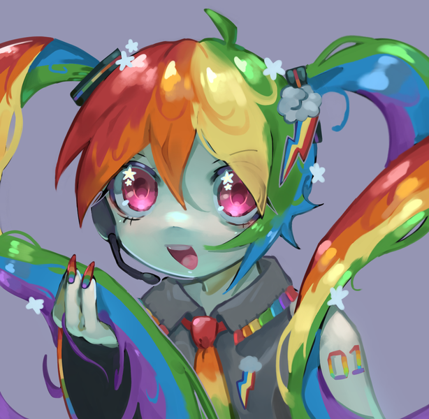 Size: 1240x1211 | Tagged: safe, artist:koasku, derpibooru import, rainbow dash, human, bust, clothes, fusion, hair ornament, hatsune miku, humanized, image, multicolored hair, necktie, open mouth, open smile, png, rainbow hair, rainbow nail polish, smiling, solo, teal skin, twintails, vocaloid