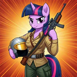 Size: 1024x1024 | Tagged: safe, ai content, derpibooru import, generator:google imagen 3.0, machine learning generated, prompter:zerowinger, twilight sparkle, semi-anthro, arm hooves, clothes, cosplay, costume, duke, female, g.i. joe, gradient background, gun, helmet, image, jpeg, machine gun, military uniform, smiling, smirk, solo, uniform, weapon