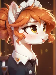 Size: 3552x4736 | Tagged: safe, ai content, derpibooru import, machine learning generated, prompter:bluetoothworld, prompter:greesys, oc, oc:victoria orlova, unofficial characters only, earth pony, pony, clothes, freckles, image, maid, maid headdress, orange hair, png, silly, solo, tongue out, uniform, yellow eyes