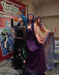 Size: 1616x2048 | Tagged: safe, derpibooru import, princess cadance, queen chrysalis, twilight sparkle, human, g4, clothes, cosplay, costume, everfree northwest, everfree northwest 2024, image, irl, irl human, jpeg, photo