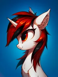 Size: 1620x2160 | Tagged: safe, ai content, derpibooru import, machine learning generated, prompter:bluetoothworld, oc, oc:blackjack, unofficial characters only, pony, unicorn, fallout equestria, fallout equestria: project horizons, blue background, bust, fanfic art, horn, image, jpeg, portrait, simple background, solo