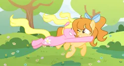 Size: 2869x1543 | Tagged: safe, artist:darbypop1, derpibooru import, oc, oc:honey wa, oc:joy petal, unofficial characters only, earth pony, pony, bow, duo, duo female, female, flower, glomp, hair bow, image, mare, png, tree