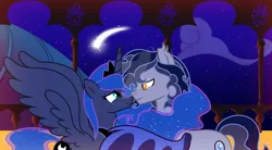 Size: 1280x706 | Tagged: safe, artist:velveagicsentryyt, derpibooru import, princess luna, oc, oc:starlit luminary, pony, g4, canon x oc, female, image, male, png, shipping, shooting star, straight