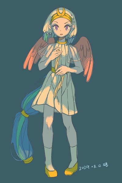 Size: 1402x2105 | Tagged: safe, artist:xinjinjumin641763993311, derpibooru import, somnambula, human, green background, humanized, image, jpeg, simple background, solo, tail, tailed humanization, winged humanization, wings