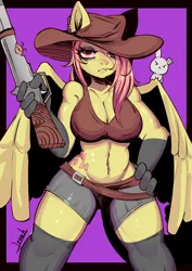 Size: 2480x3508 | Tagged: safe, artist:mrlroach, derpibooru import, fluttershy, anthro, pegasus, pony, rabbit, animal, clothes, cowboy hat, female, hat, image, mare, musket, png, purple background, shorts, simple background