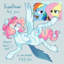 Size: 2000x2000 | Tagged: safe, artist:peeperzcreeperz, derpibooru import, oc, oc:rainflower, pegasus, pony, floral head wreath, flower, image, jpeg, magical lesbian spawn, nonbinary, offspring, parent:fluttershy, parent:rainbow dash, parents:flutterdash, spread wings, tongue out, unshorn fetlocks, wings