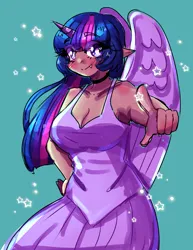 Size: 2550x3300 | Tagged: safe, artist:mylittleyuri, derpibooru import, twilight sparkle, human, alicorn humanization, blue background, blushing, breasts, busty twilight sparkle, clothes, cute, dark skin, dress, fangs, female, horn, horned humanization, humanized, image, png, pointing, simple background, solo, twiabetes, winged humanization, wings