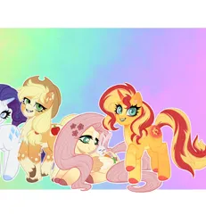 Size: 1440x1560 | Tagged: safe, artist:olikotier, derpibooru import, part of a set, applejack, fluttershy, rarity, sunset shimmer, gradient background, image, jpeg