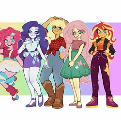 Size: 1440x1440 | Tagged: safe, artist:olikotier, derpibooru import, part of a set, applejack, fluttershy, pinkie pie, rarity, sunset shimmer, human, equestria girls, g4, gradient background, image, jpeg