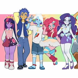 Size: 1440x1440 | Tagged: safe, artist:olikotier, derpibooru import, part of a set, applejack, flash sentry, pinkie pie, rainbow dash, rarity, twilight sparkle, human, equestria girls, g4, clothes, gradient background, image, jpeg, socks, striped socks