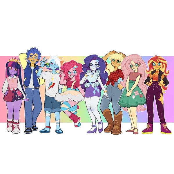 Size: 1440x1440 | Tagged: safe, artist:olikotier, derpibooru import, applejack, flash sentry, fluttershy, pinkie pie, rainbow dash, rarity, sunset shimmer, twilight sparkle, human, equestria girls, g4, clothes, gradient background, image, jpeg, mane six, socks, striped socks