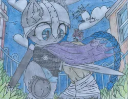 Size: 2192x1700 | Tagged: safe, artist:fliegerfausttop47, derpibooru import, oc, oc:dark, unnamed oc, unofficial characters only, bat pony, armor, bandage, bat pony oc, bat wings, braid, braided tail, building, clothes, cloud, fence, gift art, helmet, horseshoes, image, jpeg, maille, pants, pencil drawing, scabbard, spangenhelm, sword, tail, traditional art, vampire oc, weapon, window, wings