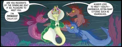 Size: 1586x624 | Tagged: safe, artist:amy mebberson, derpibooru import, idw, unnamed character, pony, seapony (g4), siren, g5, spoiler:comic, spoiler:g5comic, coral, crown, dorsal fin, female, fin, fin wings, fins, fish tail, flowing mane, flowing tail, horn, image, jewelry, mare, my little pony: set your sail, ocean, official comic, png, queen calla lily, reef, regalia, scales, sea pony (g5), seaweed, set your sail #5, swimming, tail, underwater, water, wings