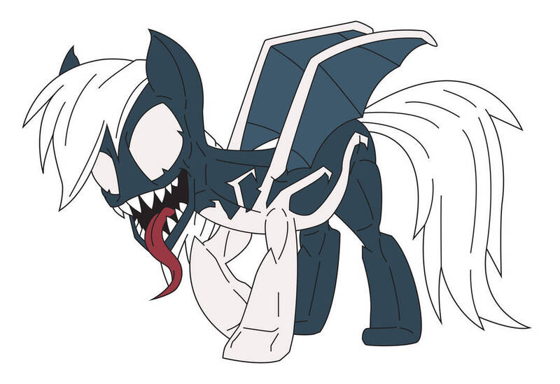 Size: 1079x741 | Tagged: safe, artist:dead82, derpibooru import, rainbow dash, alien, pegasus, pony, g4, antagonist, crossover, digital art, female, image, jpeg, long tongue, looking at you, mare, marvel, sharp teeth, simple background, solo, spider-man, symbiote, tail, teeth, tongue out, venom, white background, white mane, white tail