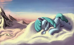 Size: 3547x2188 | Tagged: safe, artist:maretian, ponerpics import, spring melody, sprinkle medley, pegasus, pony, cloud, eyes closed, female, folded wings, image, mare, mountain, png, scenery, sleeping, smiling, solo, wings