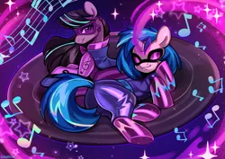 Size: 5008x3555 | Tagged: safe, artist:sugarstar, derpibooru import, octavia melody, vinyl scratch, earth pony, pony, unicorn, horn, image, magic, notes, png, power ponies, sparkles, superhero, superhero costume