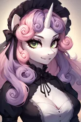 Size: 768x1152 | Tagged: safe, ai content, derpibooru import, machine learning generated, prompter:saberclaw1x, stable diffusion, sweetie belle, anthro, unicorn, g4, breasts, bust, cleavage, clothes, female, goth, gothic lolita, gradient background, horn, image, lolita fashion, looking at you, png, portrait, smiling, smiling at you, solo