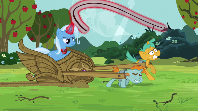 Size: 1920x1080 | Tagged: safe, derpibooru import, screencap, snails, snips, trixie, pony, unicorn, g4, magic duel, abuse, alicorn amulet, amulet, apple, apple tree, bucktooth, bullwhip, chariot, child abuse, colt, eyes closed, female, foal, food, glow, glowing horn, harness, horn, image, jewelry, magic, magic abuse, magic aura, male, mare, png, pulling, slavery, straining, tack, telekinesis, tree, trixie's fans, trixie's slaves, wheels trixie, whip, whipping