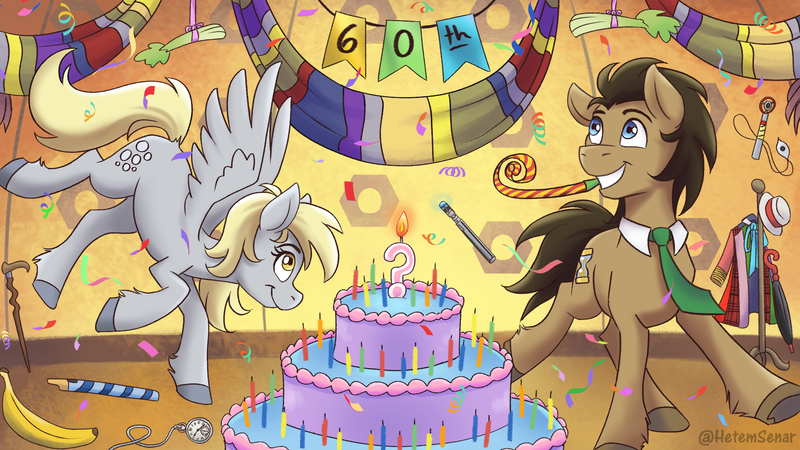 Size: 1920x1080 | Tagged: safe, artist:hetemsenar, derpibooru import, derpy hooves, doctor whooves, time turner, earth pony, pegasus, pony, g4, banana, banner, cake, candle, cane, celery, clothes, coat, collar, doctor who, female, food, fourth doctor's scarf, hat, image, male, mare, necktie, png, reference, scarf, sonic screwdriver, stallion, striped scarf, umbrella, watch, whistle