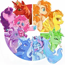 Size: 2048x2048 | Tagged: safe, artist:peeperzcreeperz, derpibooru import, big macintosh, pear butter, pinkie pie, spitfire, sugar belle, trixie, wysteria, alicorn, pony, g3, g4, alicornified, anime, hatsune miku, image, jpeg, princess big mac, race swap, vocaloid