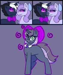 Size: 4403x5210 | Tagged: safe, artist:askhypnoswirl, derpibooru import, oc, oc:hypno swirl, oc:swirly daze, unofficial characters only, unicorn, bow, bowtie, commission, duo, duo male and female, female, fusion, hair bow, horn, hypno eyes, hypnosis, hypnotized, image, male, necktie, png, unicorn oc