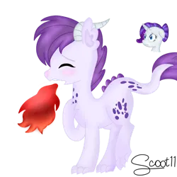 Size: 1024x1024 | Tagged: safe, artist:scoot11, derpibooru import, rarity, oc, oc:angie, dracony, hybrid, pony, unicorn, g4, duo, eyes closed, female, filly, fire, fire breath, foal, horn, image, interspecies offspring, mare, mother and child, mother and daughter, offspring, parent:rarity, parent:spike, parents:sparity, png, remake, simple background, transparent background