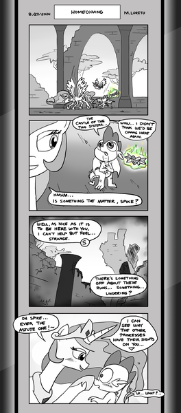 Size: 1451x3300 | Tagged: safe, artist:loreto-arts, derpibooru import, princess celestia, princess flurry heart, spike, dragon, pony, comic:friendship is innuendo, comic:friendship is innuendo vol. 2, blushing, boop, image, magic, monochrome, png, winged spike, wings