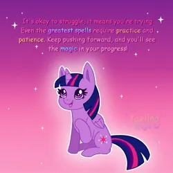 Size: 1500x1500 | Tagged: safe, artist:faelingmagic, derpibooru import, twilight sparkle, twilight sparkle (alicorn), alicorn, pony, g4, female, hoof on neck, image, jpeg, mare, open mouth, positive message, positive ponies, sitting, smiling, solo, text, three toned mane