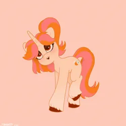 Size: 2480x2480 | Tagged: safe, artist:starburstuwu, derpibooru import, oc, oc:belka, unofficial characters only, pony, unicorn, blushing, female, gradient legs, high res, horn, image, jpeg, mare, open mouth, open smile, pink background, simple background, smiling, solo, unshorn fetlocks