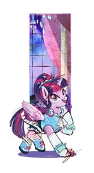 Size: 825x1506 | Tagged: safe, artist:tina1804, derpibooru import, twilight sparkle, twilight sparkle (alicorn), alicorn, pony, g4, clothes, dress, female, image, indoors, jpeg, mare, open mouth, simple background, smiling, solo, white background, window