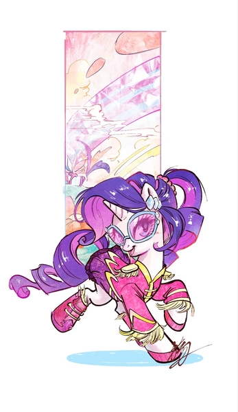 Size: 1246x2152 | Tagged: safe, artist:tina1804, derpibooru import, rarity, pony, unicorn, g4, clothes, female, horn, image, jpeg, mare, open mouth, simple background, skirt, smiling, solo, uniform, white background