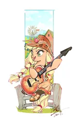 Size: 1326x2060 | Tagged: safe, artist:tina1804, derpibooru import, applejack, earth pony, pony, g4, barn, clothes, dress, female, fence, guitar, image, jpeg, mare, musical instrument, open mouth, simple background, sitting, smiling, solo, white background, windmill