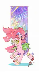 Size: 1152x2114 | Tagged: safe, artist:tina1804, derpibooru import, pinkie pie, earth pony, pony, g4, alligator plushie, clothes, female, image, jewelry, jpeg, mare, necklace, open mouth, shutter shades, simple background, skirt, smiling, solo, sunglasses, white background