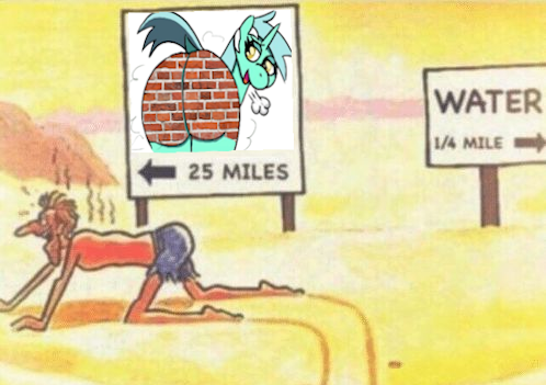 Size: 498x351 | Tagged: suggestive, artist:welost, derpibooru import, edit, lyra heartstrings, pony, unicorn, g4, breath, brick, bricks, butt, desert, duo, female, horn, image, looking back, mare, meme, numget, plot, png, recolor, simple background, thirsty