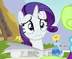 Size: 3000x2437 | Tagged: safe, derpibooru import, edit, edited screencap, screencap, rarity, unicorn, fame and misfortune, g4, season 7, crying, female, frown, holding, horn, image, jpeg, newspaper, purple mane, sad, table, tears of pain, white coat, white fur