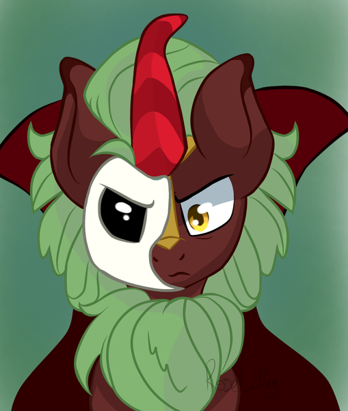 Size: 1198x1412 | Tagged: safe, artist:flutterbug18, derpibooru import, cinder glow, summer flare, kirin, pony, g4, sounds of silence, female, green background, image, mare, mask, phantom of the opera, png, simple background, solo