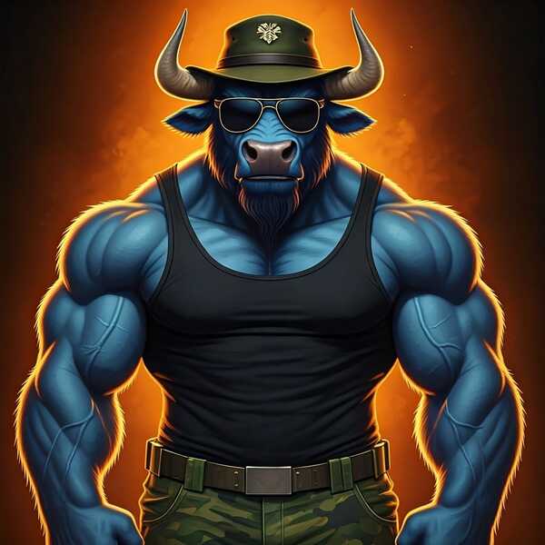 Size: 1024x1024 | Tagged: safe, ai content, derpibooru import, generator:google imagen 3.0, machine learning generated, prompter:zerowinger, iron will, minotaur, bust, clothes, cosplay, costume, drill instructor, g.i. joe, gradient background, hat, image, jpeg, male, military uniform, muscles, muscular male, portrait, sgt. slaughter, solo, sunglasses, uniform