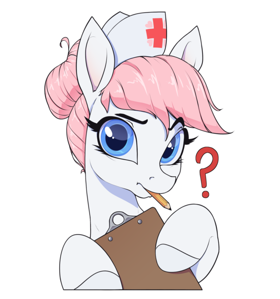 Size: 2342x2495 | Tagged: safe, artist:aquaticvibes, derpibooru import, nurse redheart, earth pony, pony, g4, clipboard, eyebrows, female, hoof hold, image, looking at you, mare, mouth hold, pencil, png, question mark, raised eyebrow, simple background, solo, transparent background