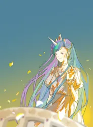 Size: 1680x2298 | Tagged: safe, artist:xinjinjumin641763993311, derpibooru import, princess celestia, human, g4, crown, gradient background, horn, horned humanization, humanized, image, jewelry, jpeg, regalia, simple background, solo, winged humanization, wings