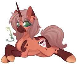 Size: 1902x1575 | Tagged: safe, artist:trashpanda czar, derpibooru import, oc, oc:coffee cake, unofficial characters only, pony, unicorn, coat markings, cutie mark, dappled, ear fluff, eyebrows, eyebrows visible through hair, eyelashes, female, horn, image, looking at you, lying down, mare, medibang paint, png, signature, simple background, smiling, transparent background, unicorn oc