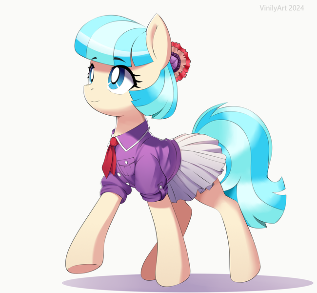 Size: 2100x1939 | Tagged: safe, artist:vinilyart, derpibooru import, coco pommel, earth pony, pony, g4, clothes, eyebrows, eyebrows visible through hair, female, image, mare, necktie, png, shirt, simple background, skirt, smiling, solo