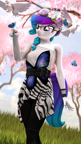 Size: 1152x2048 | Tagged: safe, artist:kenaga, ponerpics import, oc, oc:aurora starling, unofficial characters only, anthro, butterfly, insect, 3d, breasts, clothes, cute, female, glasses, heterochromia, image, jpeg