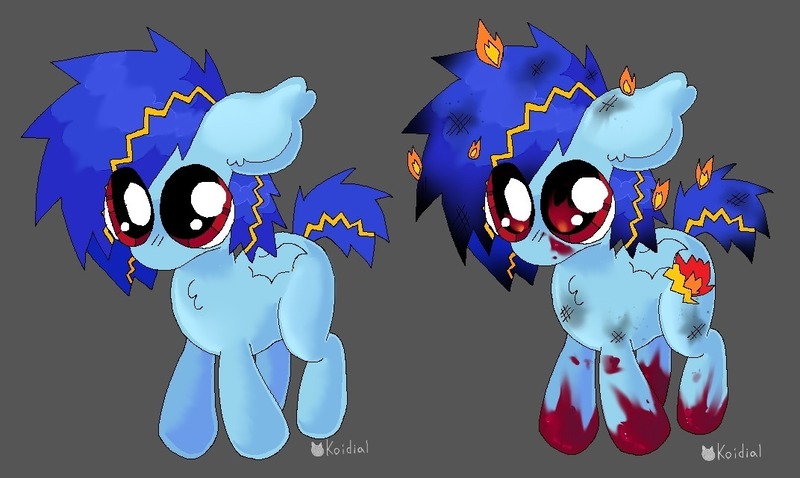 Size: 1072x641 | Tagged: safe, artist:koidial, derpibooru import, oc, unofficial characters only, pony, big ears, blue coat, blue mane, blue tail, burnt mane, burnt tail, chest fluff, chibi, duality, ear tufts, eye clipping through hair, eye reflection, female, female oc, fire, floppy ears, folded wings, gray background, image, jpeg, mare, mare oc, no mouth, on fire, red eyes, reflection, scrapes, short tail, signature, simple background, small wings, solo, sparkly eyes, spiky mane, spiky tail, standing, striped mane, striped tail, tail, text, wingding eyes, wings